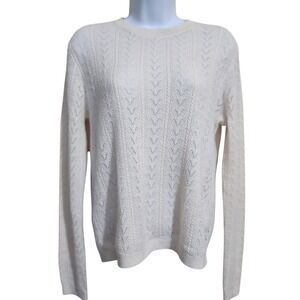 Ann Taylor LOFT Italian Yarn Pointelle Cable Knit Sweater Ivory Cream Womens M